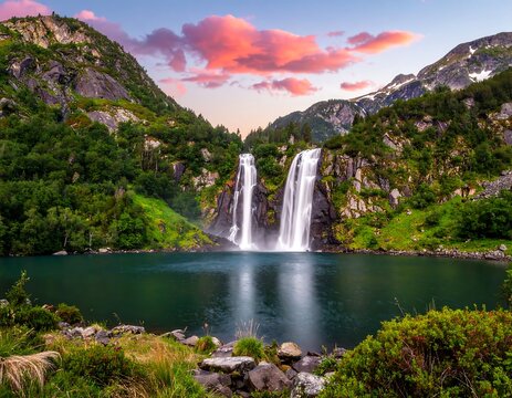 Scenic landscape featuring majestic waterfalls cascading into a serene lake at dusk