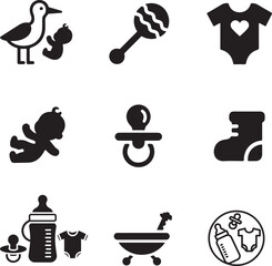 Set of Baby Shower Icons: several common symbols associated with a baby shower, designed in a flat, black and white vector style.