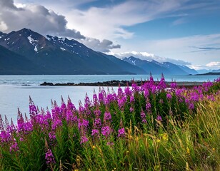 Scenic landscape featuring purple flowers, mountains, and a vast lake