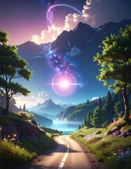 Scenic landscape featuring road to mountains with luminous celestial halo