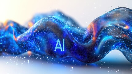 Digital AI Wave: a visual representation of the concept of artificial intelligence with the AI abbreviation at center, and digital light-filled wave behind it.