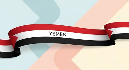 Yemen Flag Ribbon on Abstract Pastel Background, National Identity Concept.