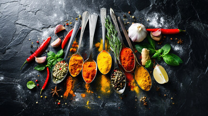 Colorful Asian ingredients arranged on a stone surface, showcasing fresh herbs and spices.
