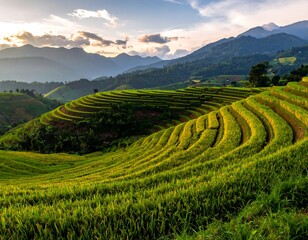 Scenic landscape featuring tiered green rice paddies on a hillside, mountains