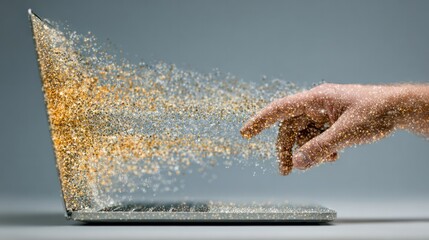 Digital Erasure: A person's hand interacts with a laptop, the screen dissolving into particles. A visual representation of technology transformation and data disintegration. 