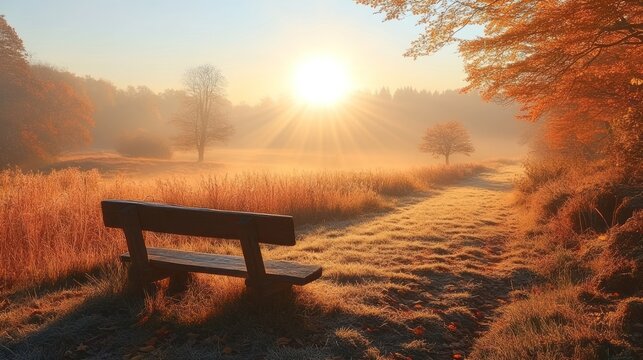Autumn sunrise, frosty path, wooden bench