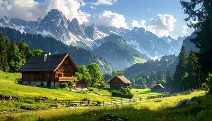 Scenic landscape featuring wooden houses, mountains, and a meadow