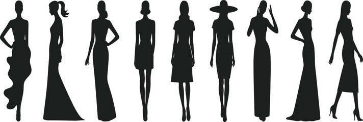 Elegant women fashion silhouette collection vector illustration, stylish female models in dresses and hats isolated for modern design and beauty artwork.