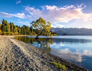Scenic landscape of a lone tree in a lake with mountains