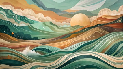 Abstract sea waves landscape with blue ocean sky and sun