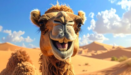 A smiling camel in the desert, against a backdrop of rolling sand dunes and blue sky