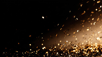 Golden confetti frozen in motion against dark background, celebrating energy and sparkle.
