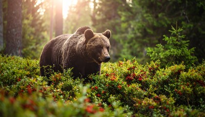 Majestic brown bear exploring a vibrant forest meadow in natural habitat