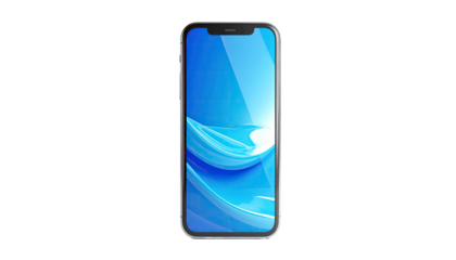 Modern sleek smartphone with a vibrant blue abstract wave display, isolated on black