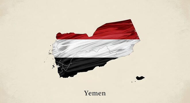 Yemen Flag Map: Artistic Brushstroke Design on Textured Background.