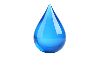 A single, vibrant blue, glossy water droplet, rendered against a black background
