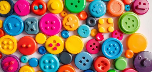 Fototapeta premium Vibrant collection of colorful buttons in various shapes and sizes, hobby, object