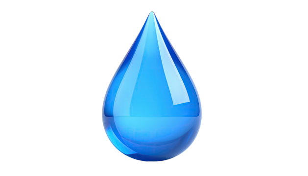 A single, vibrant blue, glossy water droplet, rendered against a black background