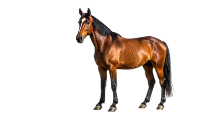 A majestic brown horse with a black mane and a white stripe stands in full profile