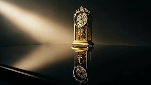 Elegant Antique Clock Reflecting in Dark Surface with Dramatic Lighting.
