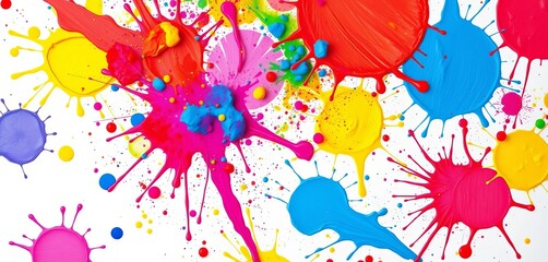 Naklejka premium Vibrant paint splatters on white background, dynamic colorful explosion, abstract, design element