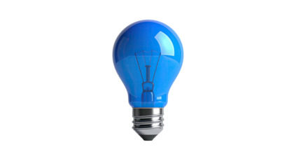 Shiny, blue light bulb with metal base, centered against a black background