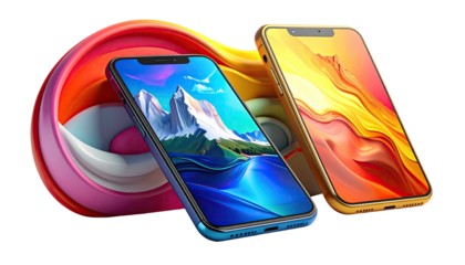 Smartphones with different screen designs, stylized with colorful background