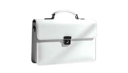 White leather briefcase, handle up, shadow to the side. Classic business bag