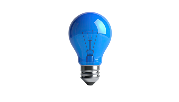 Shiny, blue light bulb with metal base, centered against a black background
