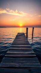 Fototapeta premium Weathered wood planks extend over calm water, a tranquil scene at sunset, twilight, water