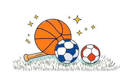 Whimsical line drawing of a basketball, baseball bat, and soccer ball with stars, sports equipment, activity