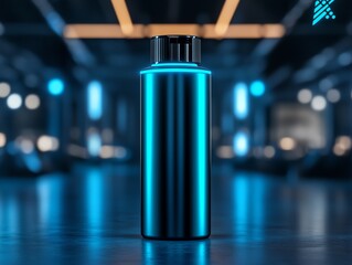 Fototapeta premium A vibrant blue hair perm spray can, glowing softly in an abstract futuristic studio