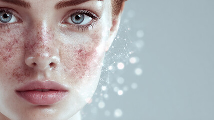   Woman Face with Freckles and Redness for Facial Skin Treatment and Technology Concept  made with generative AI
