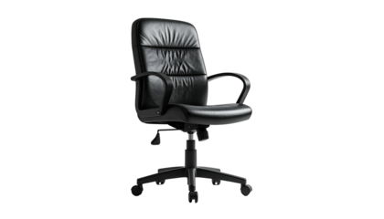 Black leather office chair with armrests, set against a pure black background