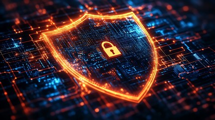 Glowing shield with lock on a circuit board representing cyber security and data protection concept