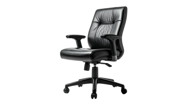 Black leather office chair against black background, well-lit and isolated