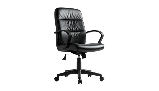 Black leather office chair with armrests, set against a pure black background