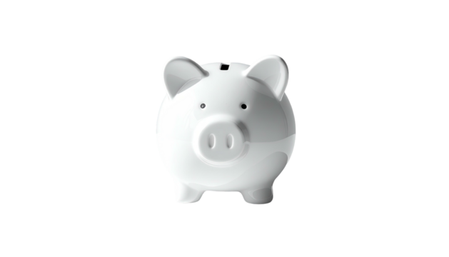 A pristine white, ceramic piggy bank, facing forward against a stark black backdrop