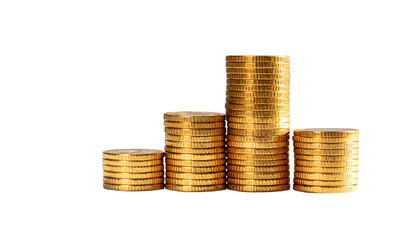 Four stacks of shiny golden coins arranged in an increasing stair-step pattern