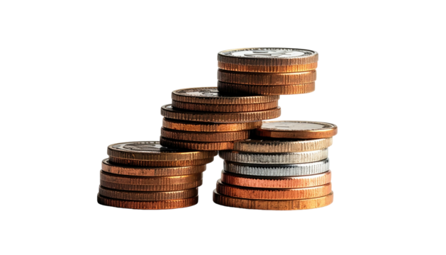 Several stacks of mixed currency coins, featuring bronze, silver, and gold