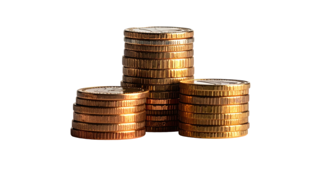 Three stacks of gold coins, lit dramatically against a deep black background