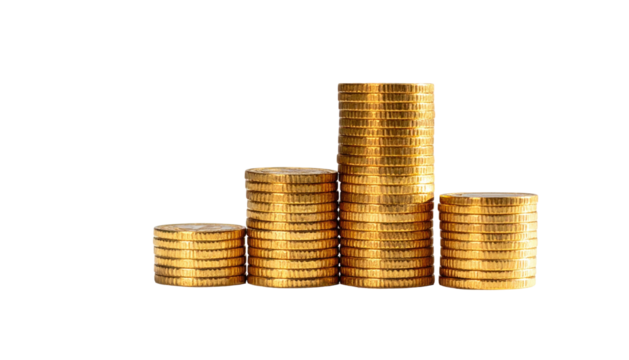 Four stacks of shiny golden coins arranged in an increasing stair-step pattern