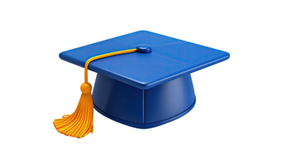 3D render of a blue graduation cap with yellow tassel, isolated on black