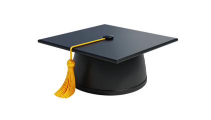 A 3D rendering of a graduation cap with a yellow tassel on a black background