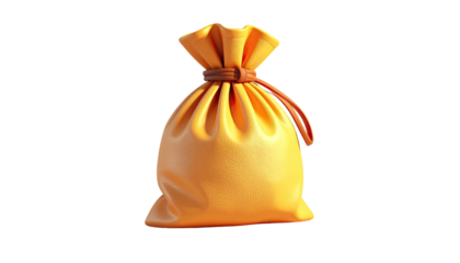3D render of a closed gold pouch tied with a brown string, against a black background