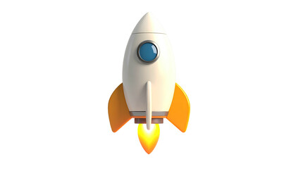 A cartoonish rocketship with orange fins, blue window, and flames against black