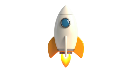 A cartoonish rocketship with orange fins, blue window, and flames against black