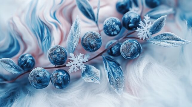 Blue berries, leaves, and snowflakes on a swirled background - Powered by Adobe