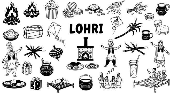 Lohri Festival Elements Vector Illustration: Bonfire, Snacks, Dhol, Kite, Fireplace  People Celebrating