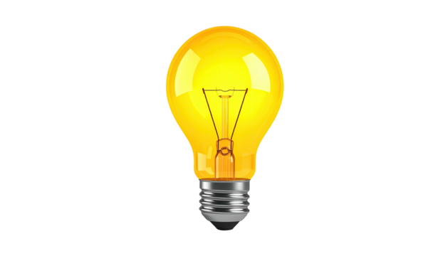 A bright yellow light bulb against a black background, illuminated and glowing